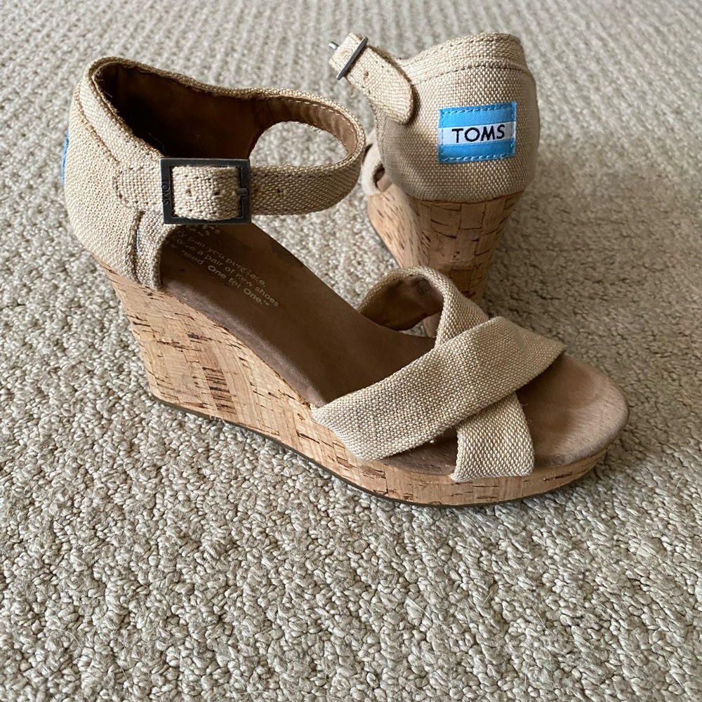 TOMS Beige Wedge Sandals with Cork Heel
